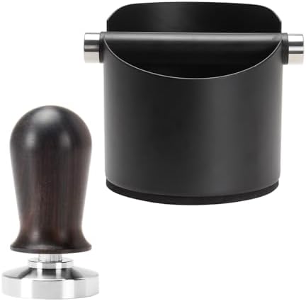 DIBTSA Espresso Knock Box Stainless Steel and 53mm Espresso Tamper Spring Loaded 304 Stainless Steel Flat Base Wood Handle by DIBTSA