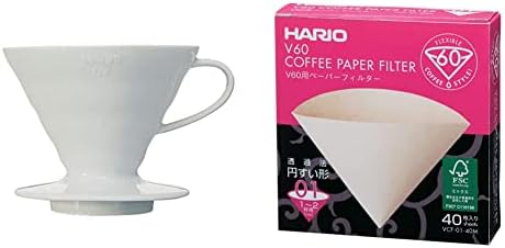 Hario V60 Ceramic Coffee Dripper Pour Over Cone Coffee Maker Size 02, White & V60 Paper Coffee Filters, Size 01, Natural, 40ct Boxed by Hario