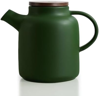 Yundu 1500ml / 50 oz Ceramic Teapot with Infuser & Wood Lid - Matte Green, Loose Leaf Tea Pot with Removable Strainer, Large Capacity by YunduHome