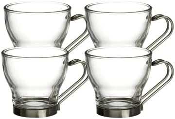 Bormioli Rocco Oslo Espresso Glass Cups 4 Set 3.75 Oz | Tempered Glass, Ergonomic Stainless Steel Handles, Dishwasher Safe, For Espresso, Coffee, Tea by Bormioli+Rocco