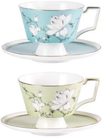 KAMMAK Ceramic Coffee Cups Saucers Set of 2, Porcelain Espresso Cups with Saucers, 8.12 oz Handcrafted Elegant Bone China Tea Cups, Blue & Sage Green Flower Teacup for Party, Office, Women Gift by KAMMAK
