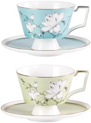 KAMMAK Ceramic Coffee Cups Saucers Set of 2, Porcelain Espresso Cups with Saucers, 8.12 oz Handcrafted Elegant Bone China Tea Cups, Blue & Sage Green Flower Teacup for Party, Office, Women Gift by KAMMAK