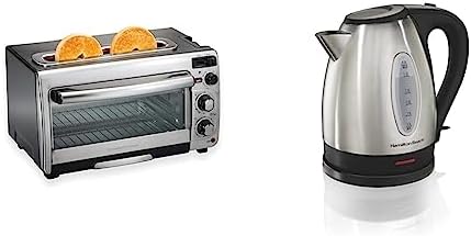 Hamilton Beach 2-in-1 Countertop Oven and Long Slot Toaster, Stainless Steel & Electric Tea Kettle, Water Boiler & Heater, 1.7 Liter, Cordless Serving, 1500 Watts for Fast Boiling, Stainless Steel by HamiltonBeach