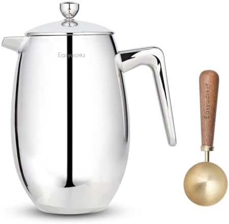 Easyworkz Nando French Press 34 oz Double Wall, Bundled with Retro Stainless Steel 10g Measuring Coffee Spoon, Brushed Gold by Easyworkz