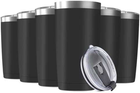 6 Pack 20oz Tumbler Vacuum Insulated Travel Mug with Lids, Stainless Steel Double Wall Bulk Cup for Home, Office, Outdoor Suitable for Vehicle Cup Holders(Black) by Deitybless