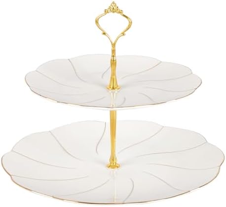 DUJUST 22 pcs Porcelain Tea Set for 6 ＆ Larger 2-Tier Cupcake Stand Tower, Luxury British Style Tea/Coffee Cup Set with Golden Trim, Food Grade Dessert Display Stand for Tea Party - White - Image 2