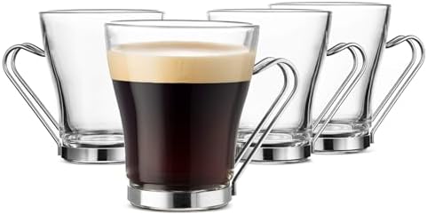 Bormioli Rocco OSLO Glass Coffee Mug - 7 ½ Ounce Espresso Cups (4 Pack) with Metal Handle Perfect Tea Glasses for hot and cold beverages, Thermal Shock Resistant, Tempered Glass, for Latte, Cappuccino by Bormioli+Rocco