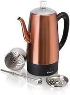 Euro Cuisine PER12 Stainless Steel Electric Coffee Percolator, 12 Cup, Polished Copper Finish, Dripless Gooseneck Spout, Clear Glass Knob, Brewing Indication, Keep-Warm Function, Detachable Cord by EuroCuisine