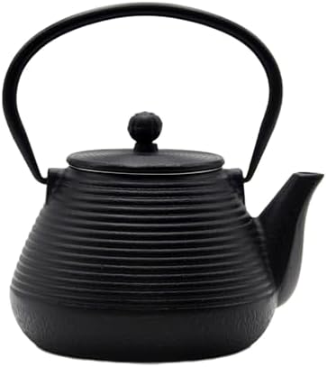 20.3oz Small Cast Iron Teapot, SECHUDO Cast Iron Tea Kettle for Stovetop Safe Coated with Enameled Interior, Cast Iron Tea Pot with Stainless Steel Infuser for Loose Tea (Black Pinstripe Pattern) by SECHUDO
