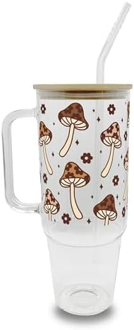 Sip-Sip Hooray! Brown Mushroom Boho 40oz Glass Tumbler with Lid and Straw, Cottagecore Iced Coffee Cup Gift by Sip-SipHooray