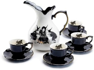 Potter's Studio Witches Brew Pitcher, 4 Flying Witch Tea Cup and Saucer Sets with Gold Trim by Unknown