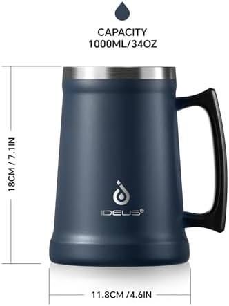 Ideus Insulated Beer Stein, 24/34oz Stainless Steel Double Walled Beer Mug Giant Bar Drinkware Metal Beer Cup with Big Grip Handle (Navy Blue, 34 ounces (1,000ml)) - Image 4