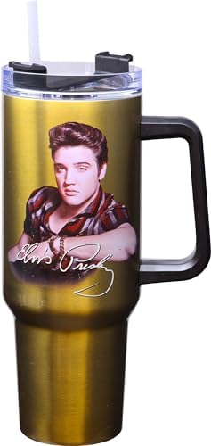 Spoontiques Stainless Steel Travel Mug, 40oz - Double Wall Insulation, Sturdy Handle, Sliding Lock Travel Lid - Elvis by Spoontiques