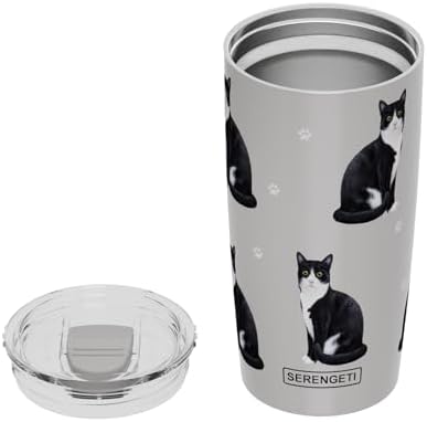 SERENGETI Black And White Cat 20 Oz. Stainless Steel, Vacuum Insulated Tumbler with Spill Proof Lid - 3D Print - Insulated Travel mug for Hot or Cold Drinks (Black And White Cat Tumbler) - Image 4