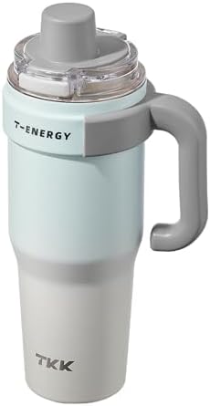 TKK 40 oz Insulated Tumblers with Handle and Straw, Stainless Steel Travel Mug with Ceramic Coating, Leak Proof Double Walled Iced Coffee Cup with Strainer for Hot & Cold Drinks, BlueWhite by TKK