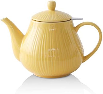 KOOV Ceramic Teapot with Infuser, 40 ounce Tea Pot with Infuser for Loose Tea, Large Enough For 6 Cups, Striped Series (Lemon) by KOOV