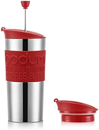 Bodum K11067-04 TRAVEL PRESS SET Vacuum Insulated Piston Mug, Double-Walled Stainless Steel, with Extra Lid, 0.35 L by Bodum