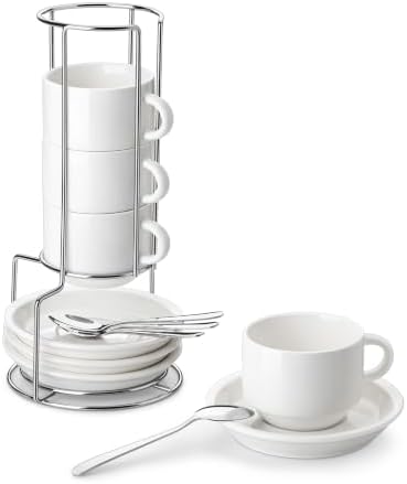 MALACASA Porcelain Espresso Cups Set of 4, with Saucers and Metal Stand, 4 Ounce Stackable Cappuccino Cups, Expresso Shots Cup Ceramic Demitasse Mugs, White with Spoon by MALACASA
