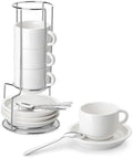 MALACASA Porcelain Espresso Cups Set of 4, with Saucers and Metal Stand, 4 Ounce Stackable Cappuccino Cups, Expresso Shots Cup Ceramic Demitasse Mugs, White with Spoon by MALACASA