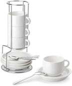 MALACASA Porcelain Espresso Cups Set of 4, with Saucers and Metal Stand, 4 Ounce Stackable Cappuccino Cups, Expresso Shots Cup Ceramic Demitasse Mugs, White with Spoon by MALACASA