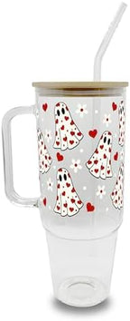 Sip-Sip Hooray! Heart Ghosts 40oz Glass Tumbler with Lid and Straw, Halloween Ghost Cup Gift for Girlfriend, Galentine Valentines Day Iced Coffee Tumbler by Sip-SipHooray