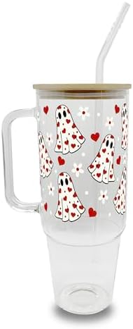 Sip-Sip Hooray! Heart Ghosts 40oz Glass Tumbler with Lid and Straw, Halloween Ghost Cup Gift for Girlfriend, Galentine Valentines Day Iced Coffee Tumbler by Sip-SipHooray