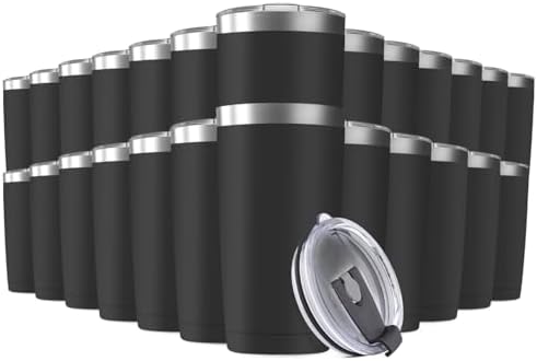 25 Pack 20oz Tumbler Vacuum Insulated Travel Mug with Lids, Stainless Steel Double Wall Bulk Cup for Home, Office, Outdoor Suitable for Vehicle Cup Holders Black by Deitybless