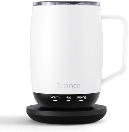 Tronco Temperature Control Heated Coffee Mug 14 oz – Rechargeable Self-Heating Coffee Cup with Lid – Manual Control, 3 Modes, 130 Min Battery Life, Auto Shut-Off (White) by Tronco