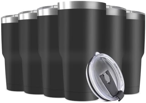 30oz Stainless Steel Travel Mug with Lid, 6 Pack Double Wall Vacuum Insulated Bulk Tumbler, Powder Coated Coffee Cup Suitable for Vehicle Cup Holders(Black) by Deitybless