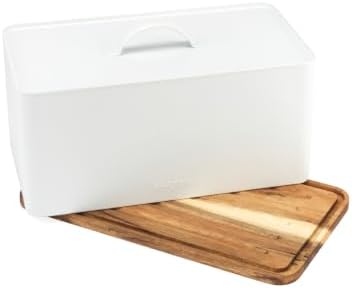 Salter BW13564WEU7 Toronto Bread Bin With Chopping Board – Countertop Storage Box With Wooden Base for Cutting & Serving, Rectangular Bread Holder Container for Kitchen, Easy To Clean, Acacia, White by Salter