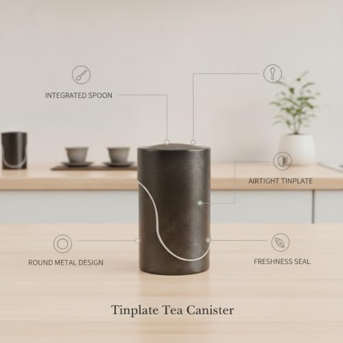 Food Storage Canister with Built-in Scoop, Round Tinplate Metal Jar for Loose Leaf Tea Organization, Black Finish - Image 4