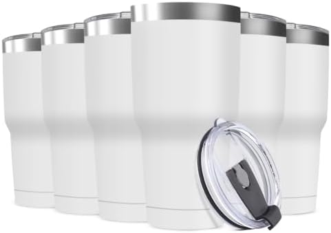30oz Stainless Steel Travel Mug with Lid, 6 Pack Double Wall Vacuum Insulated Bulk Tumbler, Powder Coated Coffee Cup Suitable for Vehicle Cup Holders(White) by Deitybless