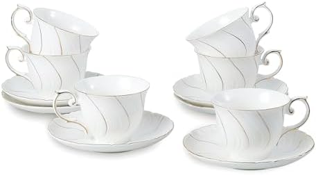 Agyiuns 6 Sets 6oz Porcelain Tea Cups Saucers，White with gold thread Tea Cups for Tea,Coffee by Agyiuns
