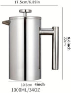French Press Coffee Maker With 3-Layer Filter System Double Wall Insulated Stainless Steel Multifunction Brewed Coffee Pot With 1 Coffee Spoon And Cleaning Brush(/Silver A,1000ml) - Image 6