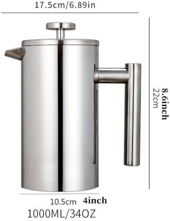 French Press Coffee Maker With 3-Layer Filter System Double Wall Insulated Stainless Steel Multifunction Brewed Coffee Pot With 1 Coffee Spoon And Cleaning Brush(/Silver A,1000ml) - Image 6