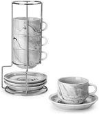 MALACASA 4 OZ Porcelain Espresso Cups with Saucers and Metal Stand Set of 4, Stackable Cappuccino Cups, Marble Gray Expresso Shots Cup Set for Coffee Drinks, Latte, Tea by MALACASA