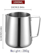 350/600/1000ml Milk Creamer Frothing Pitcher with Scale Stainless Steel Espresso Cups Latte Cup Frother(1000ML With Scale) - Image 2