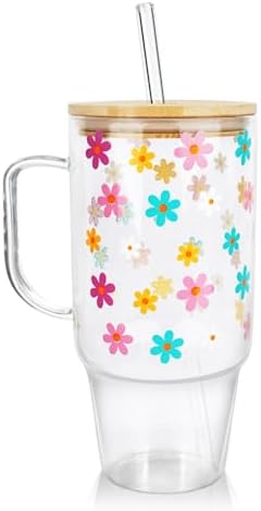40oz Cute Glass Tumbler with Lids and Straws Flower Water Bottle by ONEHAUS