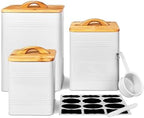 vensovo Kitchen Canister Set of 3 - Large 7 Qt Flour and Sugar Containers Airtight - White Metal Food Storage Jars with Bamboo Lids, Iron Spoon & Erasable Magnetic Labels, Farmhouse Decor for Pantry by vensovo