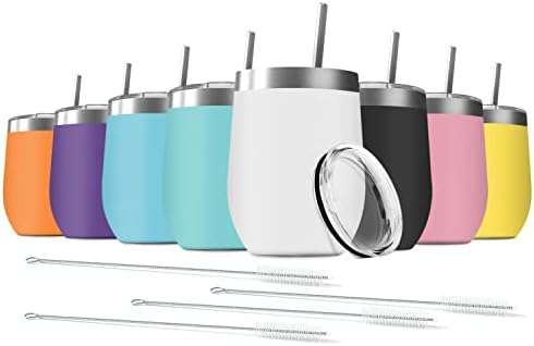 8 Pack 12 oz Stainless Steel Wine Tumbler with Lids, Double Wall Vacuum Insulated Travel Cup Including 8 Straws Set for Coffee, Cocktail, Drink, Tea and Beer (Assorted Colors) by Deitybless