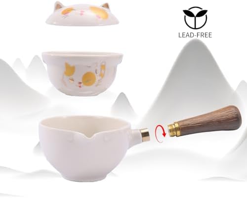 LURRIER Porcelain Chinese Gongfu Tea Set,Portable Teapot Set with 360 Rotation Tea maker and Infuser,Portable All in One Gift Bag for Travel,Home,Gifting,Outdoor and Office (Kitty Cat) - Image 5