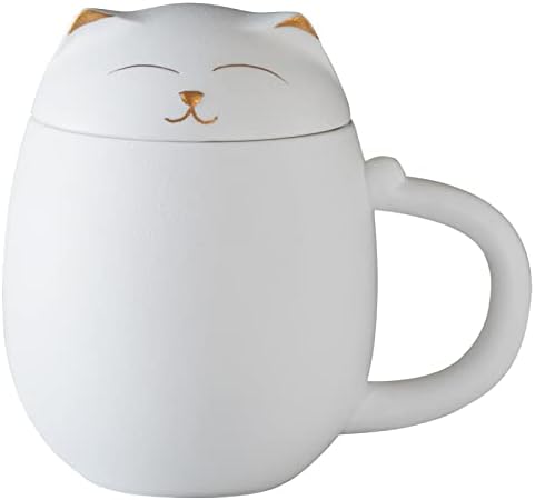 HEER Cat Ceramic Tea Mug 13.5oz with Infuser and Lid, White by HEER
