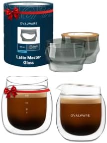 ovalware 8.5oz Double Wall Latte Cups, Latte Set of 2 Sized Cups with Wide Rim for Artistic Designs - Stealth Gray and Espresso Pouring Glass Set of 2 | Double-Wall 2.7oz/80ml Shot Measuring Cup by Ovalware