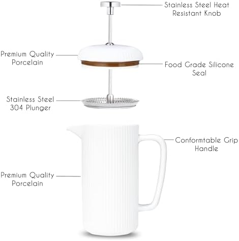 Easyworkz Porcelain French Press 34 fl oz, Coffee Tea Maker with Stainless Steel Plunger 1000 ml, Ivory - Image 3