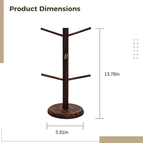 Freestanding Coffee Mug Tree with 6 Hooks, Wooden Kitchen Organizer, Space-Saving Design, Ideal for Countertops, Roast Color - Image 4