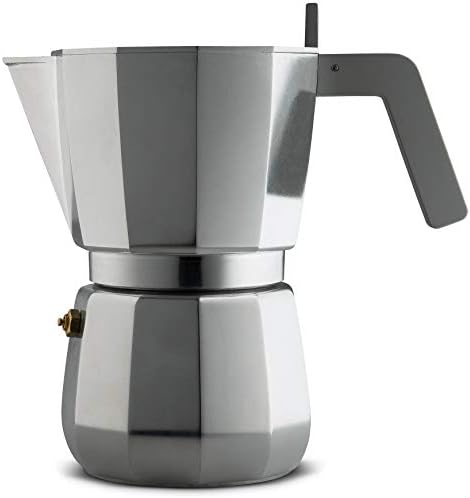Alessi Moka, Espresso coffee maker in aluminium casting. Handle and knob in PA, grey. Magnetic steel bottom suitable for induction cooking. Filter for American coffee included. 9 cups. by Alessi
