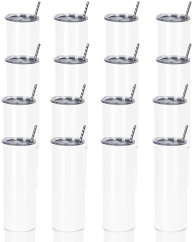 16 Pack 20 Oz Straight Skinny Tumblers,Individually Gift Boxed Stainless Steel Slim Skinny Tumbler Set Bulk, 20 Oz Insulated Slim Thin Travel Tumbler Cup for Diy, White by Wzaytia