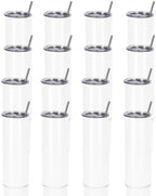 16 Pack 20 Oz Straight Skinny Tumblers,Individually Gift Boxed Stainless Steel Slim Skinny Tumbler Set Bulk, 20 Oz Insulated Slim Thin Travel Tumbler Cup for Diy, White by Wzaytia