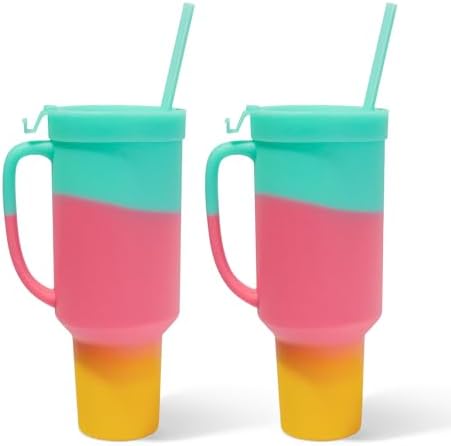 Silipint 64oz Silicone Tumbler with Handle Flip Lid and Straw - BPA-Free Non-Toxic Unbreakable Freezer Microwave Dishwasher Safe Tumbler - Perfect for Tea Smoothies Pack of 2 Aurora by Silipint