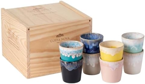 Costa Nova Wooden Box Of 8 Ceramic Stoneware Lungo Cups - Grespresso Collection, Multicolor | Microwave & Dishwasher Safe Dinnerware | Food Safe Glazing | Restaurant Quality Serveware by CostaNova